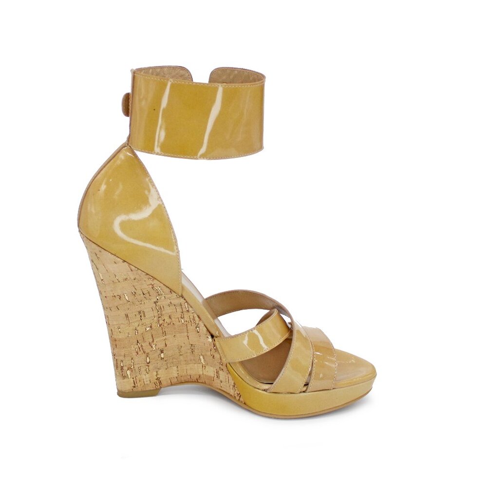 Stuart Weitzman Women's Ankle-Cuff Dark Mustard Cork Wedge Sandal: Size 7